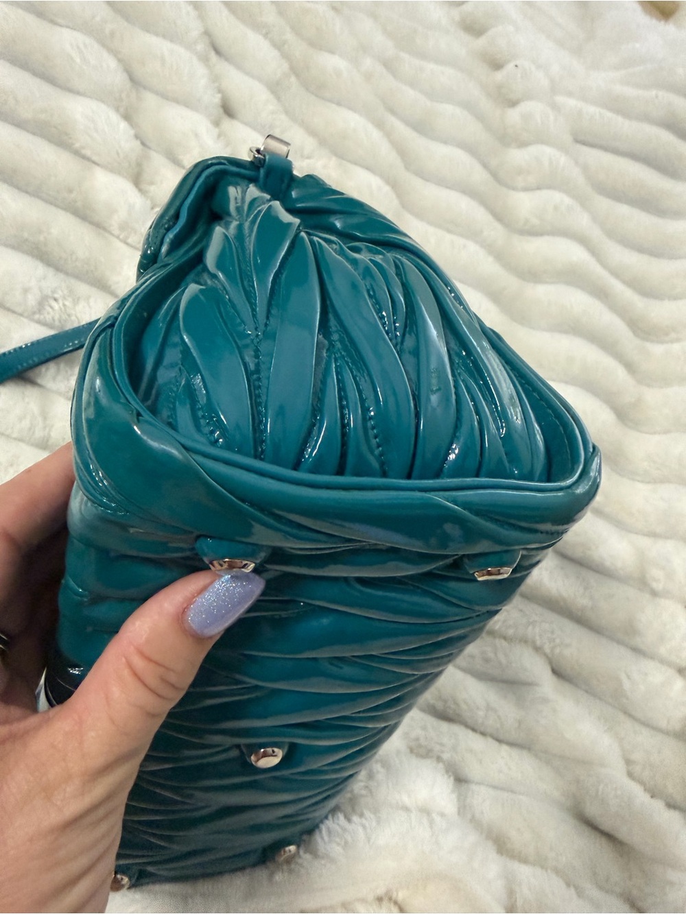 Miu Miu Teal Matelassé Patent Leather Top-Handle Bag - Picture 11 of 16